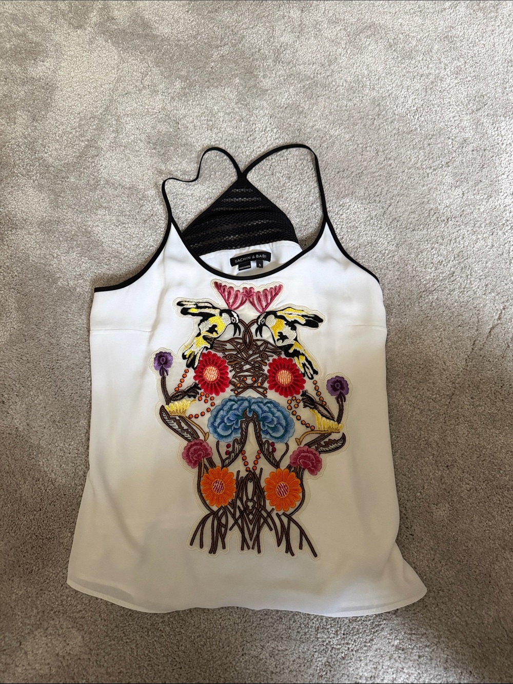 Sachin + Babi White Embroidered Bird & Floral Camisole